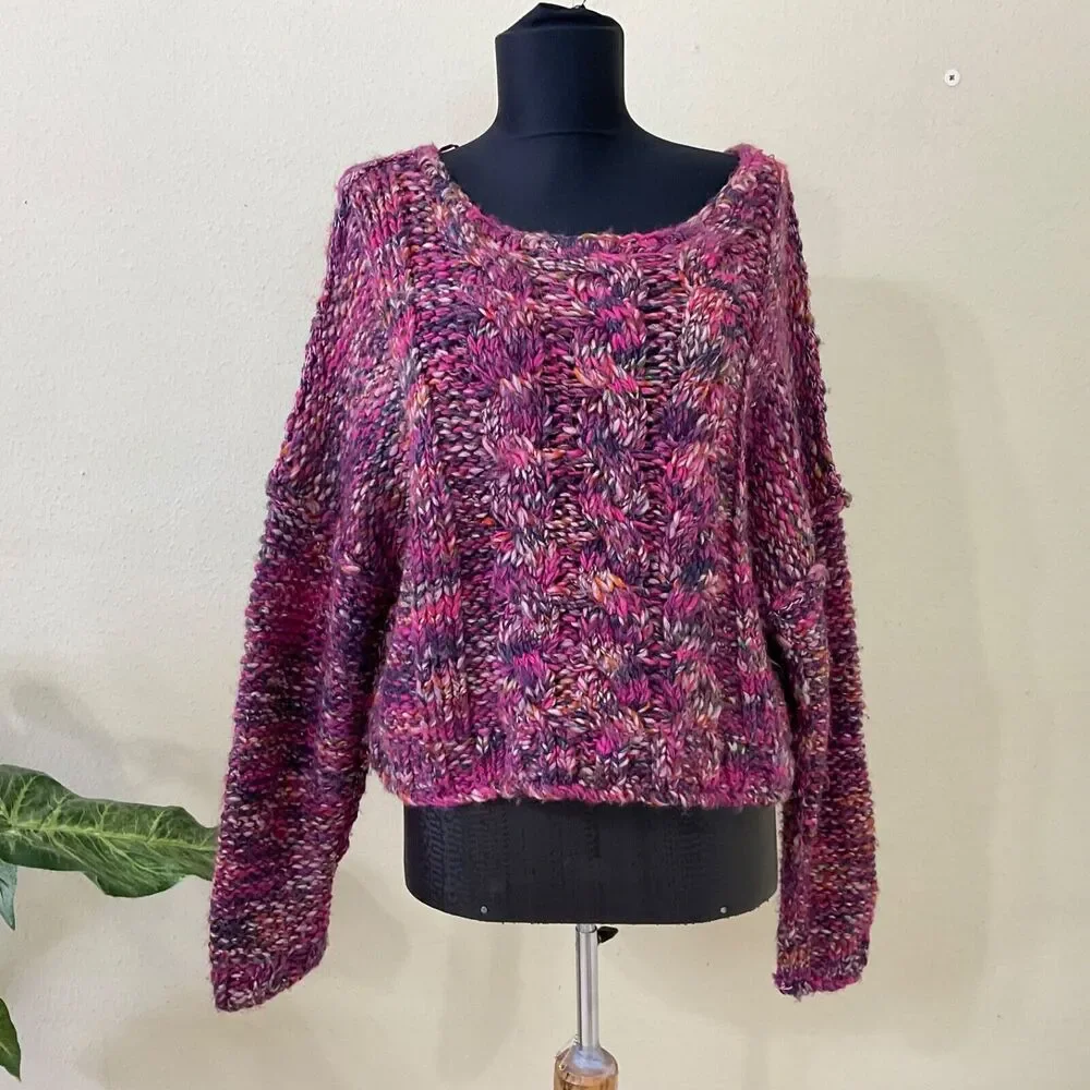 Free People sweater Women's Size S/P Purple Chunky Cable-Knit Wool Blend LS